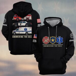 Custom Name & Department Answering The Call Fire Truck Police Cruiser Ambulance Stacked First Responders #DQH0959 - Hoodie