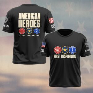 Custom Name & Department American Heroes Bold Stacked Type Three Service Emblems First Responders #DQH0962 - T-shirt