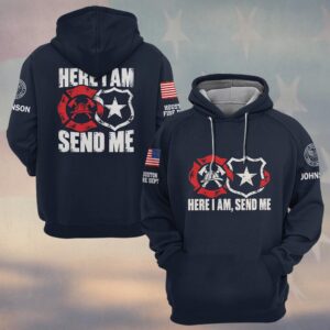 Custom Name & Department Here I Am Send Me Isaiah 6:8 Fire Maltese Cross Police Shield First Responders #DQH0965 - Hoodie