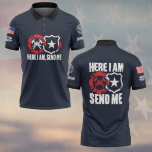 Custom Name & Department Here I Am Send Me Isaiah 6:8 Fire Maltese Cross Police Shield First Responders #DQH0965 - Polo