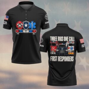 Custom Name & Department Three Rigs One Call Fire Truck Police SUV Ambulance Front View First Responders #DQH0966 - Polo