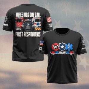 Custom Name & Department Three Rigs One Call Fire Truck Police SUV Ambulance Front View First Responders #DQH0966 - T-shirt