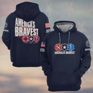 Custom Name & Department America's Bravest Fire Police EMS Distressed Type Three Service Emblems First Responders #DQH0968 - Hoodie