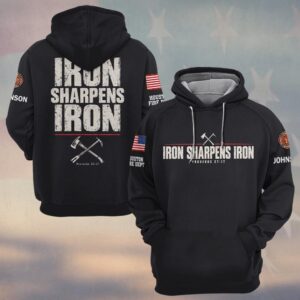 Custom Name & Department Iron Sharpens Iron Proverbs 27:17 Crossed Fire Axe And Pike Pole Distressed Type Firefighter #DQH0972  - Hoodie