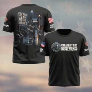 Custom Name & Department Created To Do Good Works Ephesians 2:10 Firefighter Walking Out Of Station Bay Firefighter #DQH0973 - T-shirt