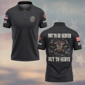 Custom Name & Department Not To Be Served But To Serve Matthew 20:28 Three Firefighters Kneeling In Burning Rubble Firefighter #DQH0974 - Polo