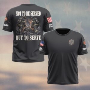 Custom Name & Department Not To Be Served But To Serve Matthew 20:28 Three Firefighters Kneeling In Burning Rubble Firefighter #DQH0974 - T-shirt