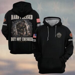 Custom Name & Department Hard Pressed But Not Crushed 2 Corinthians 4:8 Firefighter Kneeling In Embers And Smoke Firefighter #DQH0975 - Hoodie