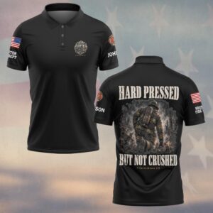 Custom Name & Department Hard Pressed But Not Crushed 2 Corinthians 4:8 Firefighter Kneeling In Embers And Smoke Firefighter #DQH0975 - Polo
