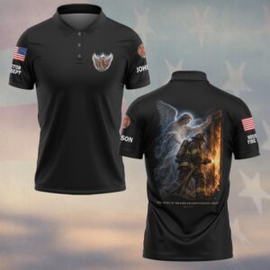 Custom Name & Department The Angel Of The Lord Encampeth Round About Psalm 34:7 Guardian Angel Over Firefighter At Burning Doorway Firefighter #DQH0976 - Polo