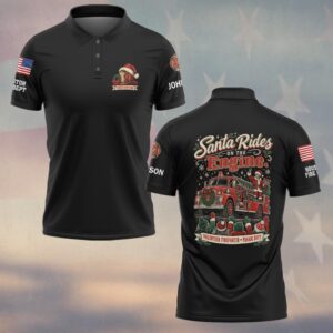 Custom Name & Department Santa Rides On The Engine Christmas Fire Truck Volunteer Firefighter #DQH0990 - Polo
