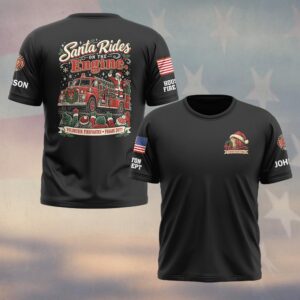 Custom Name & Department Santa Rides On The Engine Christmas Fire Truck Volunteer Firefighter #DQH0990 - T-shirt