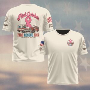 Custom Name & Department Pink October Fire Rescue EMS Early Detection Saves Lives Vintage Ambulance Fire Engine Pink Ribbon Breast Cancer Awareness Firefighter EMS #DQH1001 - T-shirt
