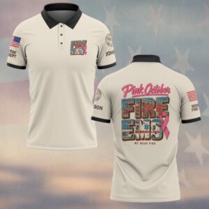 Custom Name & Department Pink October Fire EMS We Wear Pink Fire Truck Ambulance Filled Letters Pink Ribbon Breast Cancer Awareness Firefighter EMS #DQH1003 - Polo