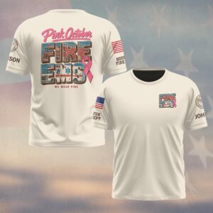 Custom Name & Department Pink October Fire EMS We Wear Pink Fire Truck Ambulance Filled Letters Pink Ribbon Breast Cancer Awareness Firefighter EMS #DQH1003 - T-shirt
