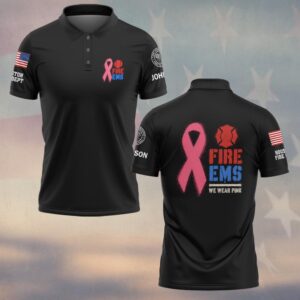 Custom Name & Department We Wear Pink Fire EMS Stencil Maltese Cross Pink Ribbon Breast Cancer Awareness Firefighter EMS #DQH1004 - Polo