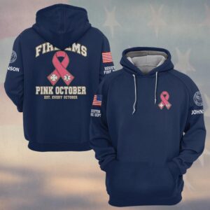 Custom Name & Department Pink October Fire EMS Est Every October Maltese Cross Star Of Life Pink Ribbon Breast Cancer Awareness Firefighter EMS #DQH1005 - Hoodie