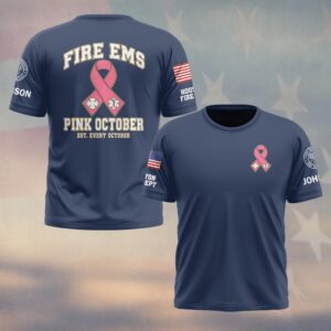 Custom Name & Department Pink October Fire EMS Est Every October Maltese Cross Star Of Life Pink Ribbon Breast Cancer Awareness Firefighter EMS #DQH1005 - T-shirt
