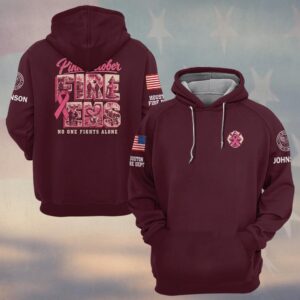 Custom Name & Department Pink October Fire EMS No One Fights Alone Scene Filled Letters Pink Ribbon Breast Cancer Awareness Firefighter EMS #DQH1006 - Hoodie