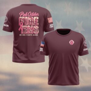 Custom Name & Department Pink October Fire EMS No One Fights Alone Scene Filled Letters Pink Ribbon Breast Cancer Awareness Firefighter EMS #DQH1006 - T-shirt