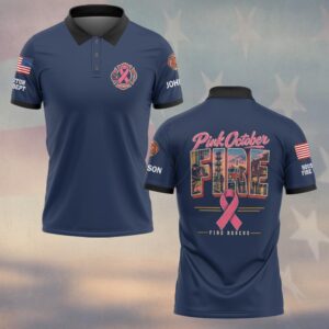 Custom Name & Department Pink October Fire Rescue Firehouse Fire Engine Filled Letters Pink Ribbon Breast Cancer Awareness Firefighter #DQH1007 - Polo