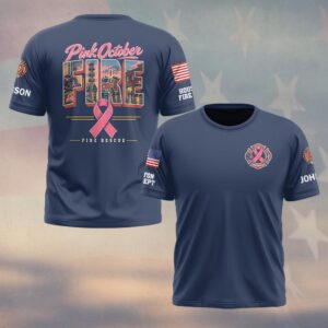 Custom Name & Department Pink October Fire Rescue Firehouse Fire Engine Filled Letters Pink Ribbon Breast Cancer Awareness Firefighter #DQH1007 - T-shirt