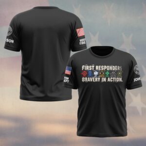 Custom Name & Department Bravery In Action Seven Service Emblems Fire Police EMS Dispatch Nurse Corrections Military First Responders #DQH1010 - T-shirt