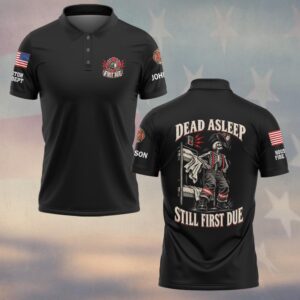 Custom Name & Department Dead Asleep Still First Due Skeleton Bunk Alarm Firefighter #DQH1019 - Polo