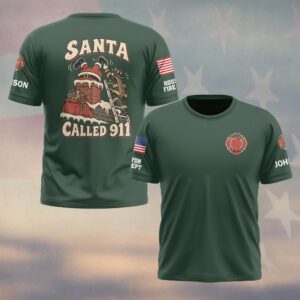Custom Name & Department Santa Called 911 Santa Stuck In Chimney Retro Cartoon Christmas Firefighter #DQH1022 - T-shirt