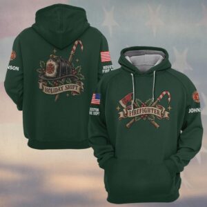 Custom Name & Department Holiday Shift Candy Cane Pike Pole Holly Fire Helmet Tattoo Christmas Firefighter #DQH1023 - Hoodie