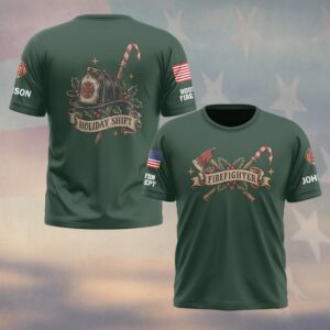 Custom Name & Department Holiday Shift Candy Cane Pike Pole Holly Fire Helmet Tattoo Christmas Firefighter #DQH1023 - T-shirt
