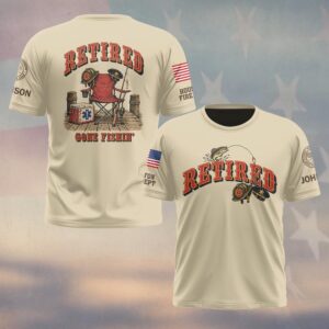 Custom Name & Department Retired Gone Fishin' Fire Helmet Police Cap Camp Chair Fishing Dock First Responders #DQH1031 - T-shirt