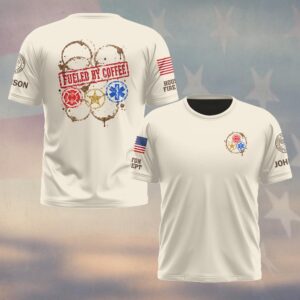 Custom Name & Department Fueled By Coffee Coffee Ring Stains Fire Police EMS Stamps First Responders #DQH1033 - T-shirt