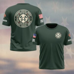 Custom Name & Department Courage Rescue Honor Firefighter Maltese Cross Helmet Crossed Axes Christmas Wreath Pinecones Holly Firefighter #DQH1037  - T-shirt
