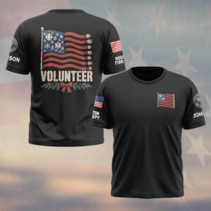 Custom Name & Department Volunteer Fire Hose American Flag Maltese Cross Star Of Life Snowflakes Christmas Bow First Responders #DQH1042 - T-shirt
