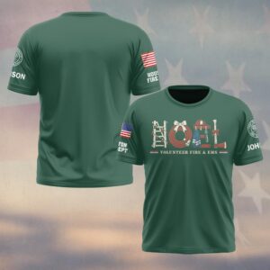 Custom Name & Department Noel Volunteer Fire & EMS Ladder Hose Wreath Helmet Hook Axe Gear Letters First Responders #DQH1046  - T-shirt
