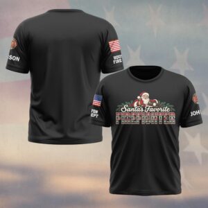 Custom Name & Department Santa's Favorite Firefighter Santa Holding Helmet Ugly Christmas Sweater Knit Letters Firefighter #DQH1047 - T-shirt