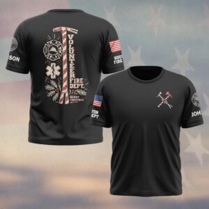 Custom Name & Department Volunteer Fire Dept Merry Christmas Candy Cane Fire Axe Maltese Cross Star Of Life Holly First Responders #DQH1049 - T-shirt