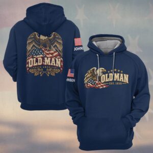 Custom Name & Year Old Man Proud American Bald Eagle Distressed American Flag Oak Leaves Acorns Old Man #DQH1058 - Hoodie