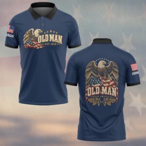 Custom Name & Year Old Man Proud American Bald Eagle Distressed American Flag Oak Leaves Acorns Old Man #DQH1058 - Polo