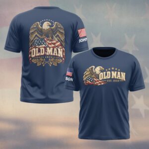 Custom Name & Year Old Man Proud American Bald Eagle Distressed American Flag Oak Leaves Acorns Old Man #DQH1058 - T-shirt