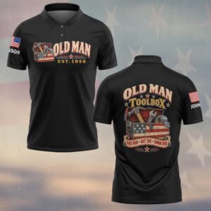Custom Name & Year Old Man Toolbox Hard Work Duct Tape Common Sense Hammer Wrench American Flag Old Man #DQH1061 - Polo