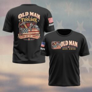 Custom Name & Year Old Man Toolbox Hard Work Duct Tape Common Sense Hammer Wrench American Flag Old Man #DQH1061 - T-shirt