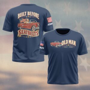 Custom Name & Year Built Before Seatbelts Vintage Red Convertible American Flag Old Man #DQH1066 - T-shirt